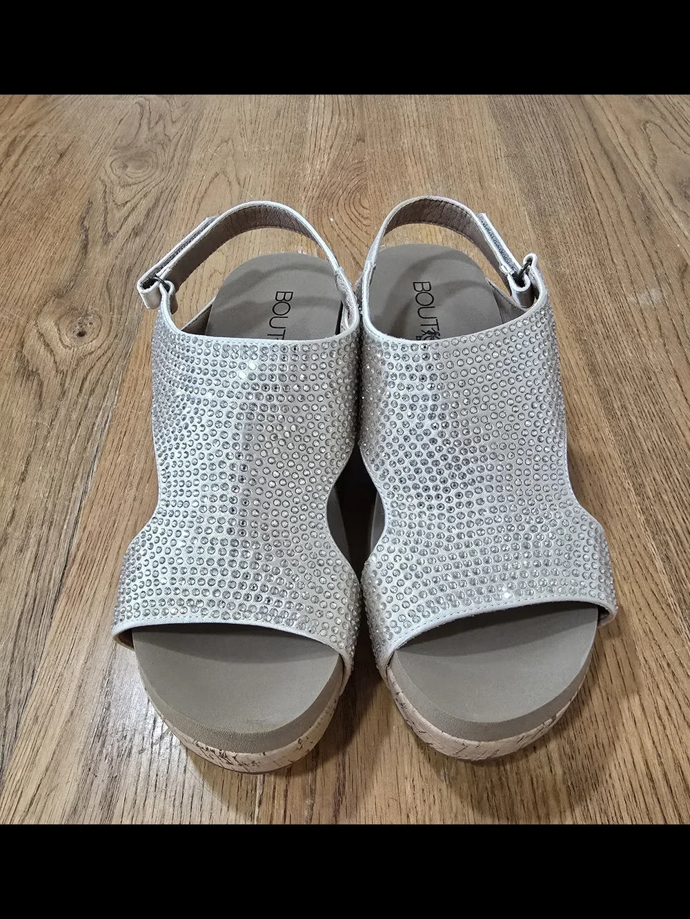 NEW Corky's Platform Wedge Silver/Beige Rhinestone Sandals w/Cork Heel-Size 8